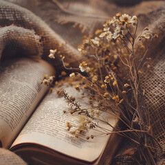 A book is open to a page with flowers on it. The flowers are wilted and brown, and they are scattered across the page. The book is on a blanket, and the blanket is also brown