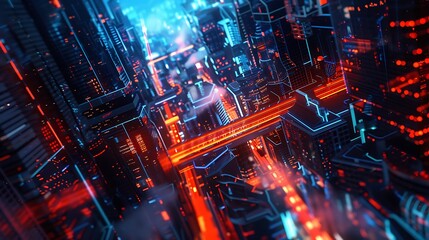 Obraz premium Dynamic Fusion of Neon Cityscapes and Futuristic Tech Art Imagery