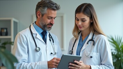 Fototapeta premium Professional doctor and his young female assistant using tablet for discussion prescriptions, working in clinic office.