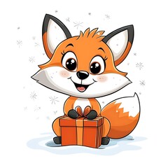 Cheerful Cartoon Fox with a Gift Illustration