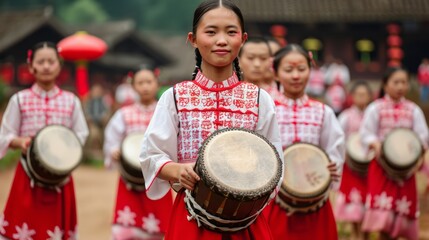 Traditional Cultural Performance Featuring Young Female Drummers in Vibrant Costumes Participating in a Festive Celebration in a Scenic Outdoor Setting
