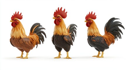 Fototapeta premium Photorealistic roosters golden brown feathers red combs detailed plumage
