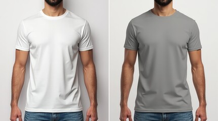 A simple round-neck t-shirt mockup worn by a male model, ideal for basic brand or product logos.