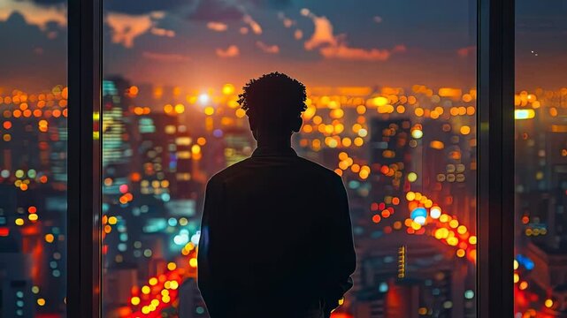 Silhouette against a vibrant city skyline at sunset