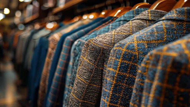 Elegant displays of tailored jackets in a clothing store