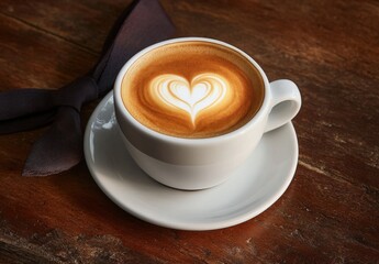 Cozy Coffee Cup with Heart-Shaped Latte Art on Wooden Table with Stylish Ribbon, Perfect for Cafes, Coffee Lovers, and Rustic Decor