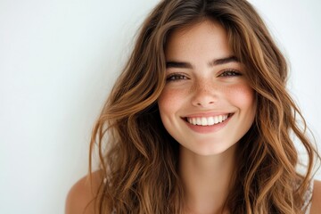 Naklejka premium Portrait young woman radiant smile long wavy brown hair white top natural makeup bright teeth