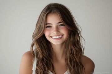 Naklejka premium Portrait young woman radiant smile long wavy brown hair white top natural makeup bright teeth