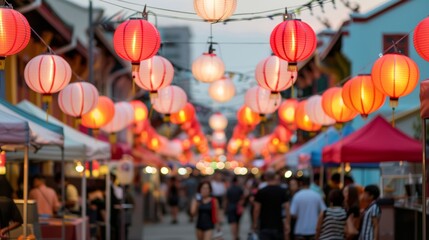 Obraz premium Vibrant Festival Street Scene with Red Lanterns and Colorful Market Stalls Illuminating the Evening Sky in a Lively Asian Community