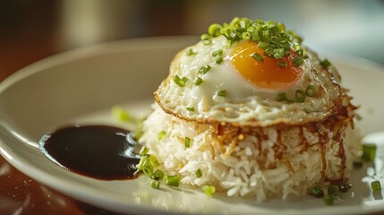 Delicious Fried Rice with Sunny Side Up Egg Soy Sauce Garnish