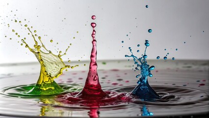 Water droplets with vibrant ink splashes, water effects, ink spills, colorful ink