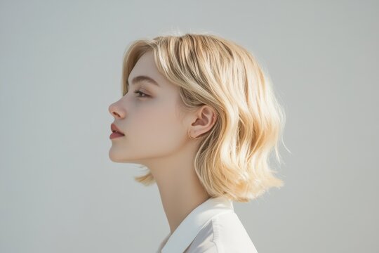Profile portrait young woman blonde hair natural makeup side view clear skin soft lighting