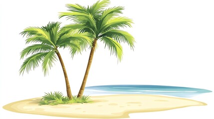 Obraz premium a 2D cartoon illustration of a tropical beach with palm trees, sunny and relaxing, white background--ar 16:9