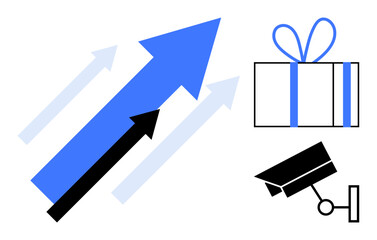 Arrows pointing upwards indicating growth, alongside a wrapped gift box and a security camera. Ideal for business growth, success, security, surveillance, reward, e-commerce, and online shopping