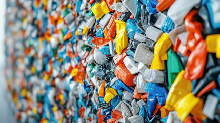 Colorful plastic waste pieces arranged, highlighting recycling efforts and sustainability.