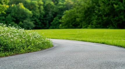 Obraz premium Paved road through a serene, green meadow with wildflowers in full bloom, Meadow road, Peaceful, scenic, vibrant