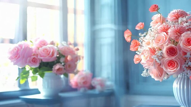 Delicate pink floral arrangement in a light-filled room