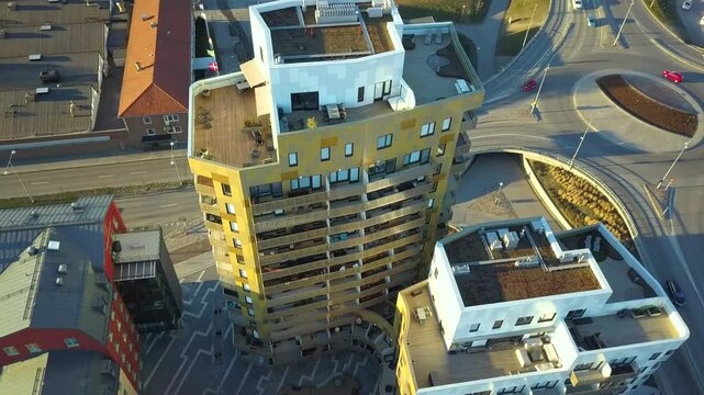 Apartment residential condos in Linkoping suburban area. Swedish condominiums as example of real estate development in European suburbs