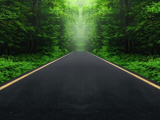 Fototapeta premium Paved road through a tranquil, fogcovered forest with soft light filtering through, Foggy forest road, Mysterious, scenic, peaceful
