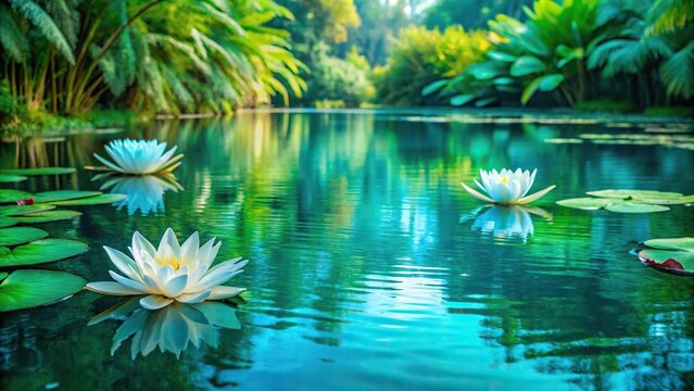 Water lily pond with vibrant turquoise water reflected in the surrounding greenery, botanicals, nature photography