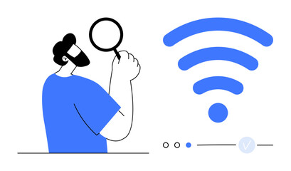 Man holding magnifying glass observes large blue wireless signal icon. Ideal for tech support, internet service, connectivity troubleshooting, online security, network analysis, digital