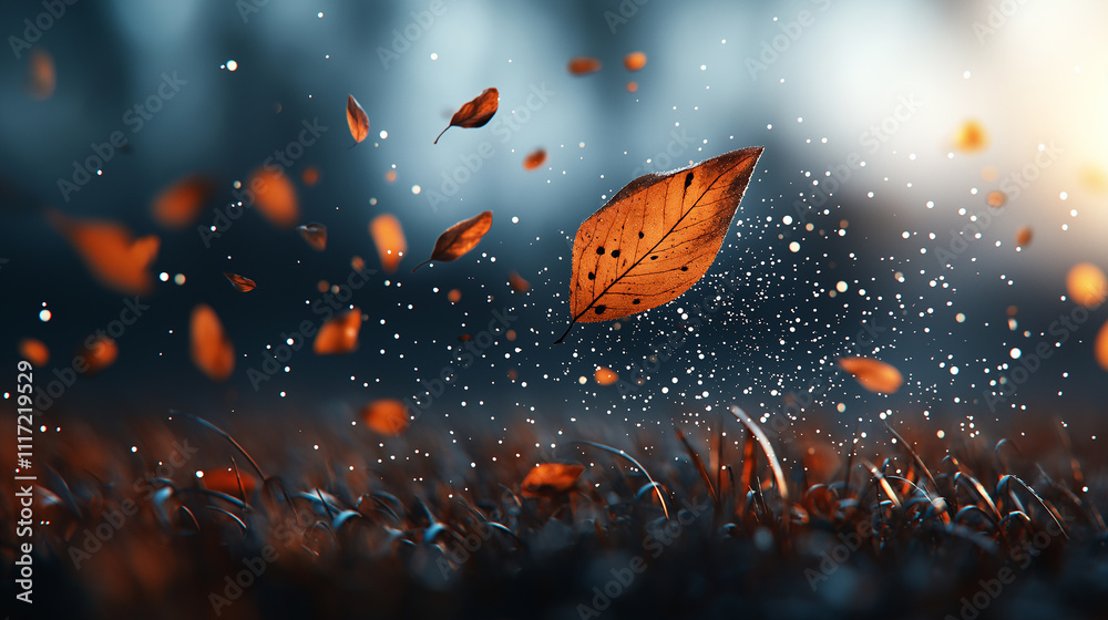 Poster close up of floating autumn leaf surrounded by falling leaves and sparkling particles, capturing ess