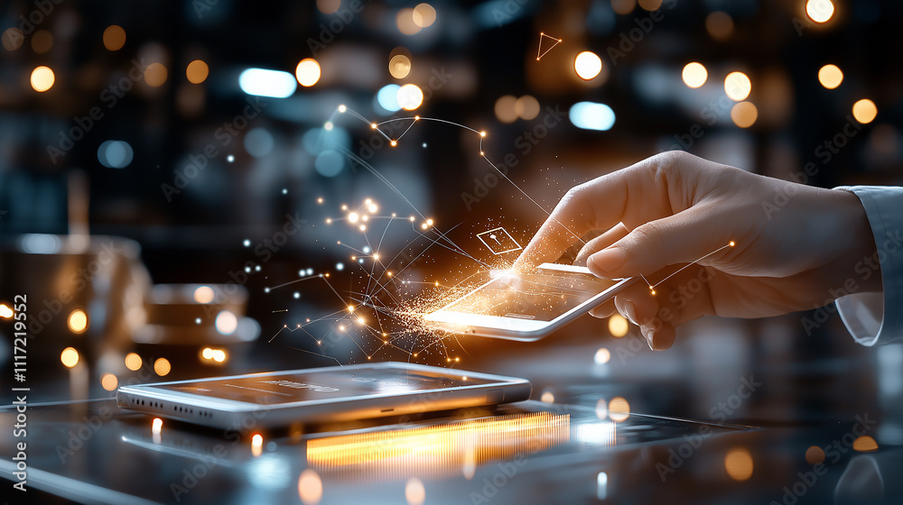 Aufkleber hand using smartphone to make mobile payment, showcasing technology and innovation in modern setting. scene is illuminated with bright lights and digital effects, creating dynamic atmosphere