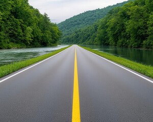 Highway road running parallel to a clear river, surrounded by lush green forests, River highway, Scenic, peaceful, natural
