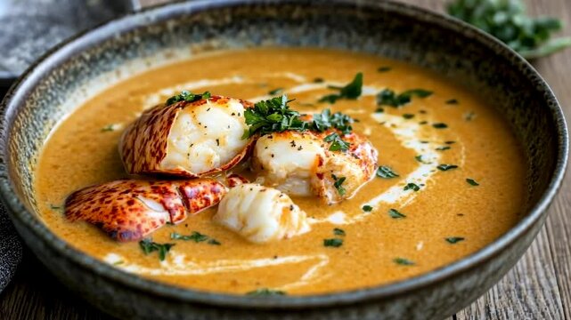 Savory seafood bisque served in a rustic bowl garnished with fresh herbs