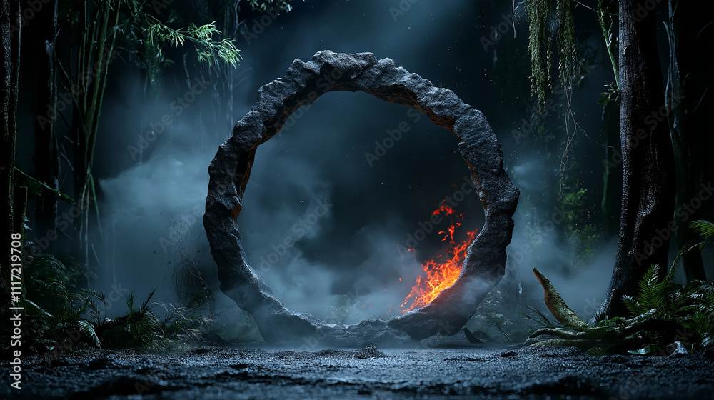 Poster mystical stone portal surrounded by lush greenery and fog, with flames flickering within. this encha