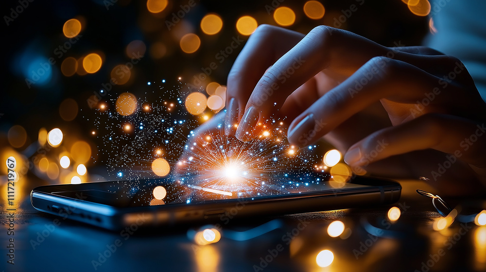 Leinwandbilder cinematic view of person using smartphone with glowing lights and sparkles. scene captures magical moment of interaction with technology, evoking wonder and excitement