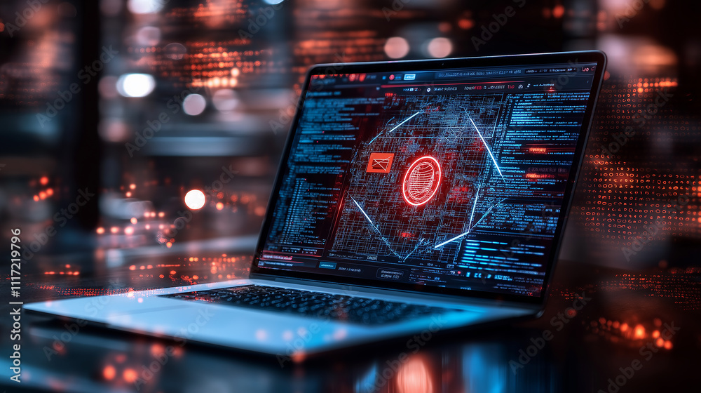 Poster cinematic 8K view of laptop displaying AI algorithm detecting patterns, with vibrant red and blue graphics. scene evokes sense of advanced technology and cybersecurity