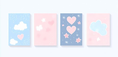 Set of four pastel pink and blue Valentine's Day postcards with heart, star, and cloud patterns. Vector illustration in a cute