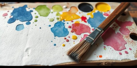 Obraz premium Watercolor paint splattered on a wooden palette beside a worn paintbrush, , wooden palette, paint splatter