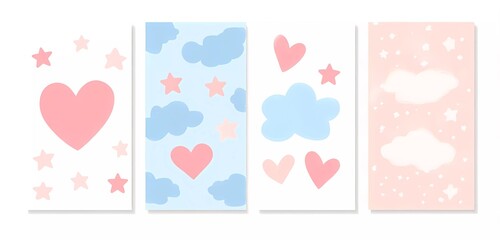 Set of four pastel pink and blue Valentine's Day postcards with heart, star, and cloud patterns. Vector illustration in a cute