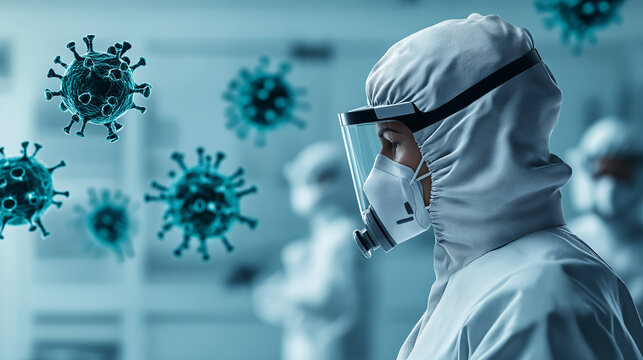 healthcare researcher in protective gear studies virus particles in lab. atmosphere conveys urgency and dedication to combating infectious diseases