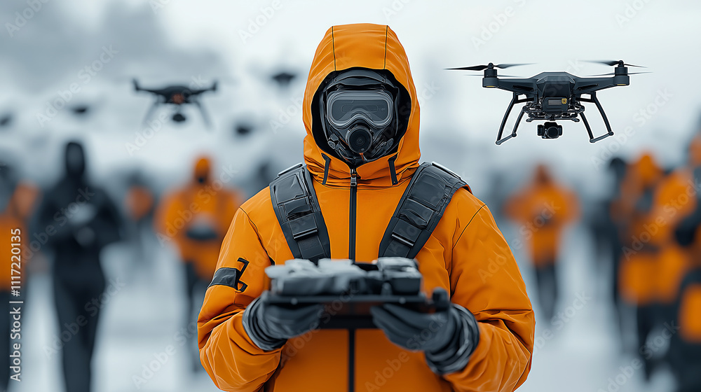 Poster person in orange jacket holds delivery tray while drones hover nearby in snowy environment. scene co