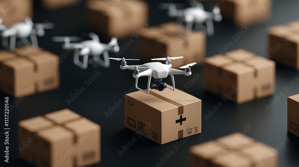 Leinwandbilder futuristic drones delivering packages in modern setting, showcasing advanced technology and logistic