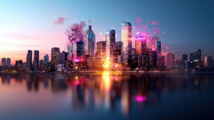 Vibrant cityscape night event downtown skyline digital artwork urban environment aerial view futuristic concept