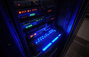 Obraz premium Dynamic View of Server Rack with Illuminated LEDs in a Data Center Highlighting Modern Technology and Connectivity in a Dark Environment