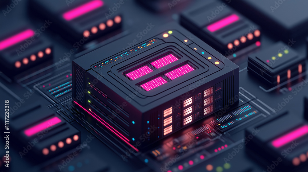 Poster high resolution image of futuristic data center with glowing components, showcasing advanced technol