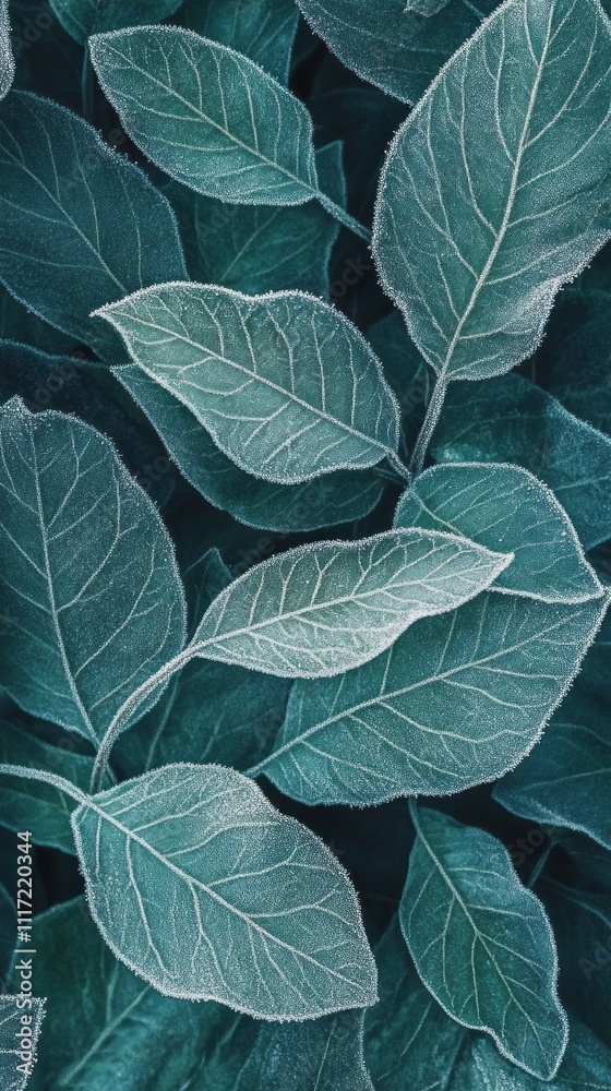 Poster delicate leaves adorned with frost capture the shimmering light of dawn. the intricate details of na