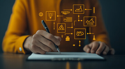 person in yellow shirt writes on notepad, surrounded by digital icons representing ideas, images, and data flow. This scene captures creativity and innovation