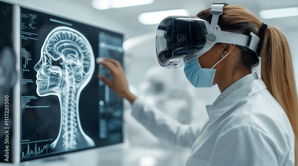 Poster woman in lab coat uses virtual reality technology to interact with digital brain scan. setting is mo