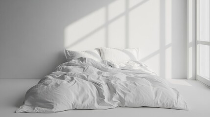 white bed comforter fluffy duvet soft pillows rumpled bedding cozy bedroom