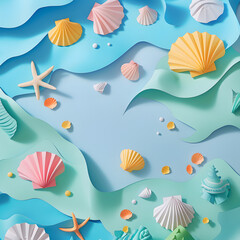 Naklejka premium A colorful paper collage of seashells and starfish on a blue background. Concept of whimsy and playfulness, as the various shapes and colors of the shells create a lively and cheerful scene