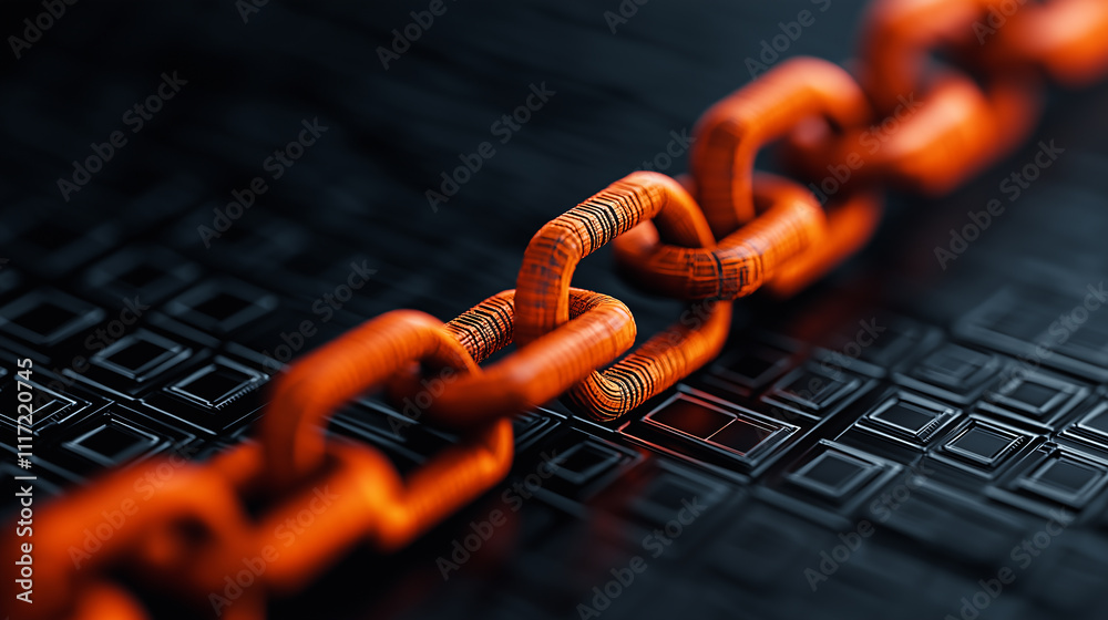 Leinwandbilder close up view of orange blockchain link on textured black surface, symbolizing technology and connectivity. intricate design highlights modern digital landscape