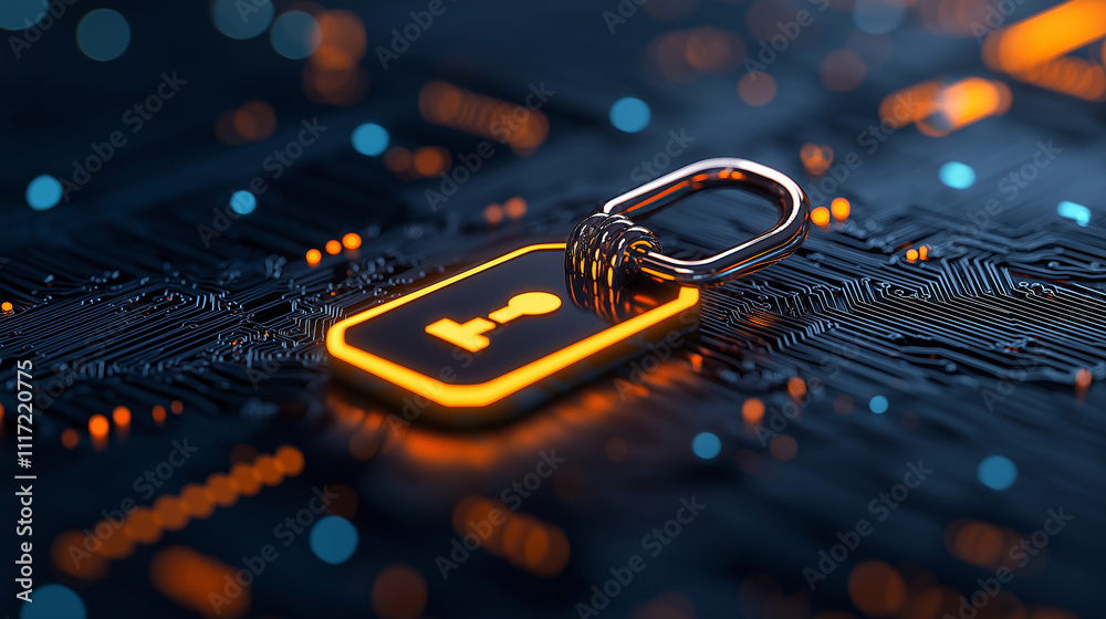 Fototapete digital lock symbol on circuit board represents cybersecurity and blockchain technology. this convey
