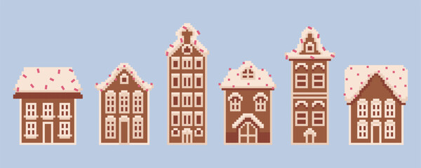 Cute pixel 8 bit gingerbread houses set collection. Isolated Christmas cookies with icing elements. Winter holidays celebration decoration dessert vector. For card, scrapbooking, invitation, media