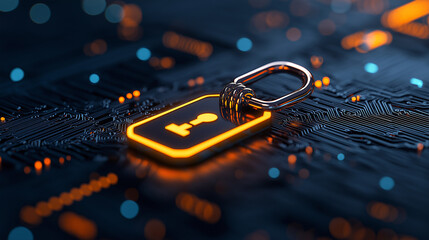 digital lock symbol on circuit board represents cybersecurity and blockchain technology. This conveys sense of security and innovation in digital world